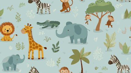 Fototapeta premium Safari animals pattern with giraffes, elephants, and lions on a light blue background. Cute cartoon jungle animals seamless pattern