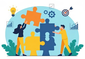 Teamwork Concept with Puzzle Pieces and Business Growth Elements