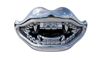 A highly reflective chrome sculpture of a mouth with sharp vampire fangs, isolated on a white background, showcasing a menacing yet artistic dental display.