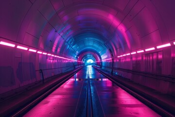 Futuristic subway tunnel illuminated with pink and blue neon lights, showing the rails disappearing into the distance