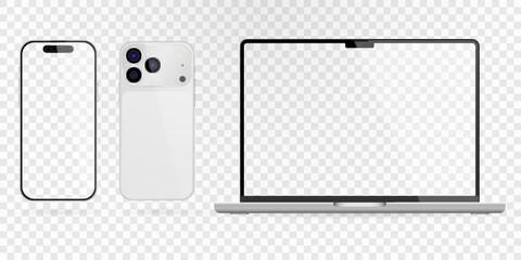 Vector realistic smartphone, laptop, tablet, computer set. Realistic gadget set png. Vector devices with blank empty screen isolated on transparent background.