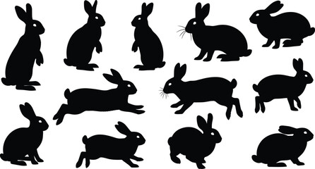 Rabbit silhouette collection, black bunny poses, cute wild hare vector set, animal illustration, isolated white background design © Itz Julfikar Here