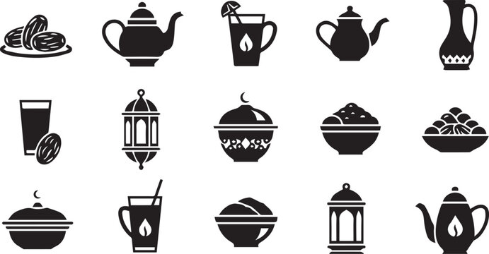 Islamic Iftar and Suhoor Hospitality Icon Set Featuring Traditional Tea, Dates, and Ramadan Meal Bowls