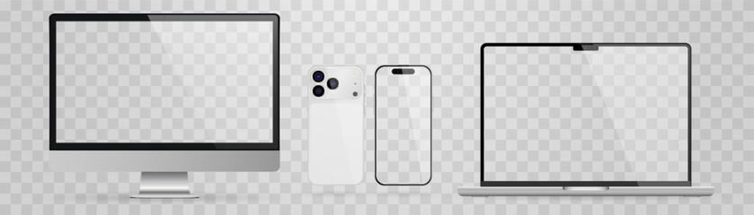 Vector realistic smartphone, laptop, tablet, computer set. Realistic gadget set png. Vector devices with blank empty screen isolated on transparent background.