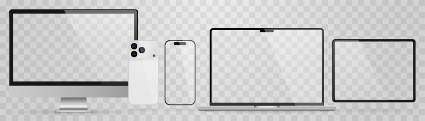 Vector realistic smartphone, laptop, tablet, computer set. Realistic gadget set png. Vector devices with blank empty screen isolated on transparent background.