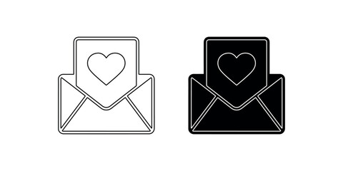 Love letter envelope icons with heart symbol on document representing romantic message or wedding invitation available in white outline and black silhouette