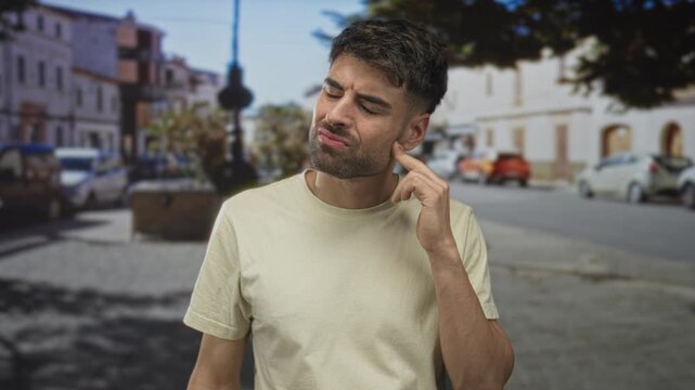 Man holds ear and winces on sunny street lined with parked cars and old buildings amid tree shadows; discomfort.