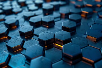 Obraz premium Futuristic honeycomb pattern made of dark hexagons with orange reflections creating an abstract background
