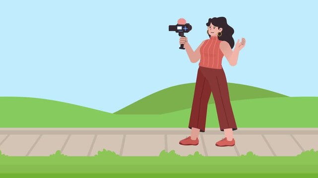 Female Vlogger Girl Streamer Holding Camera Filming Recording Herself While Walking 2D Animation IRL Flat Design Animation