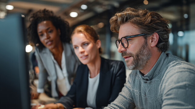 Diverse business team collaborating on computer in modern office environment