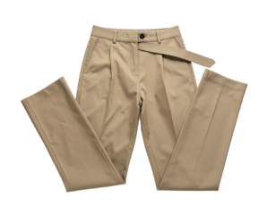 Pleated tan trousers with a matching fabric belt and a dark button closure