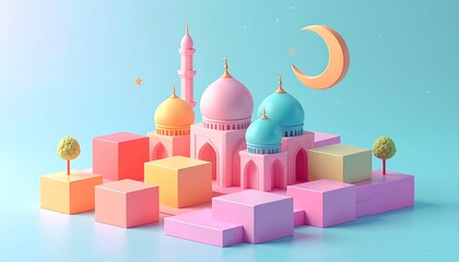 Fototapeta premium Minimalist 3D Isometric Ramadan Calendar with Mosque and Moon