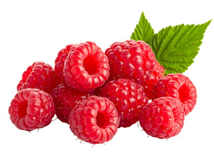 Vibrant red raspberries with fresh green leaves, isolated on a transparent background