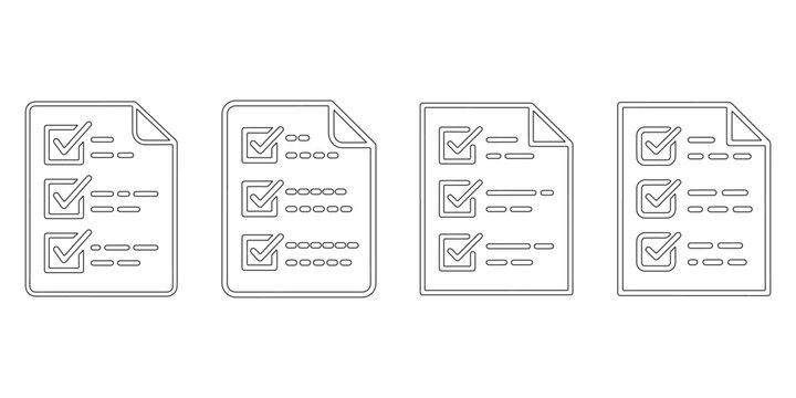 Set of four document checklist icons showing various survey results completed tasks review status reports or successful test completion outline