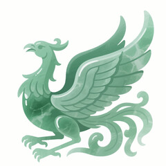 Fototapeta premium Stylized green phoenix bird icon inspired by jade carvings and oriental mythology, suitable for legendary creature designs or cultural art projects.