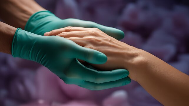 Healthcare professional wearing green glove holding bare hand, offering comfort and medical support