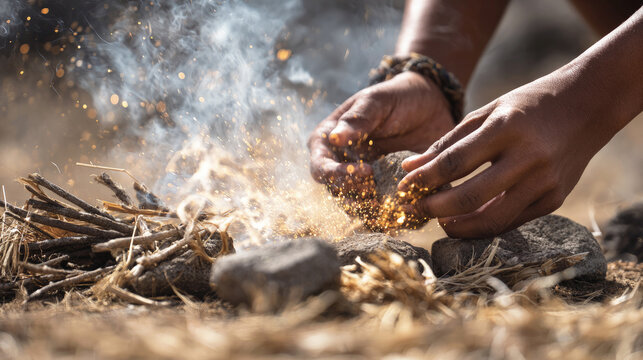 Hands starting fire with flint and stones outdoors, creating sparks and smoke above dry twigs, capturing survival skills and primitive fire-making technique.