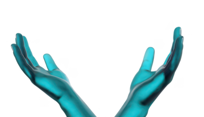 Turquoise 3D hands in uplifted offering gesture, glossy minimal design, isolated on transparent background
