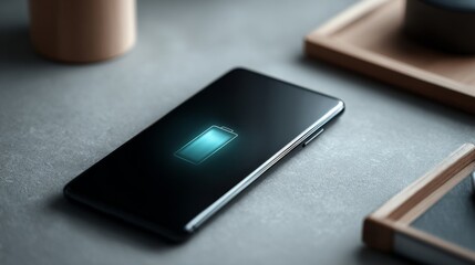 modern smartphone shows battery level on the screen on the table