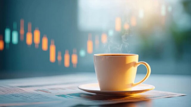 A steaming cup of coffee sits on a table with stock market visuals in the background, symbolizing productivity and focus.