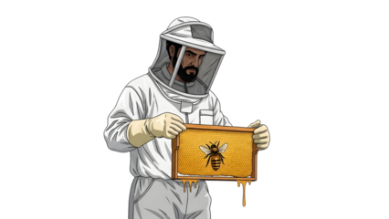Beekeeper in protective suit holding honeycomb frame isolated on transparent background