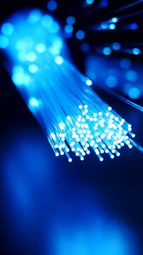 Fiber Optic Cables Illuminating with Blue Light, Data Transmission Technology.