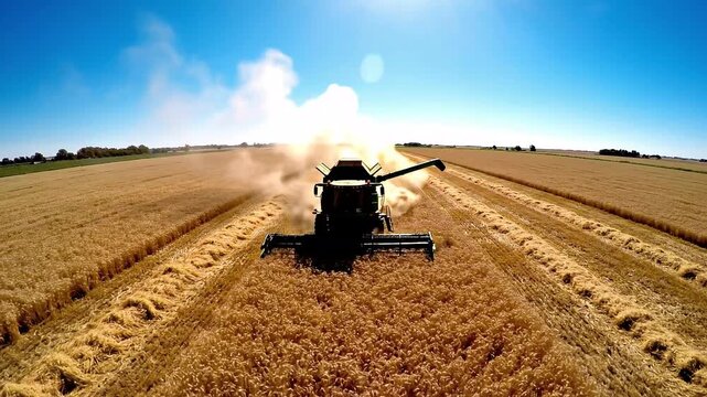 4K impressive flight over a working combine harvesting tons of ripe barley on a hot summer day video 
