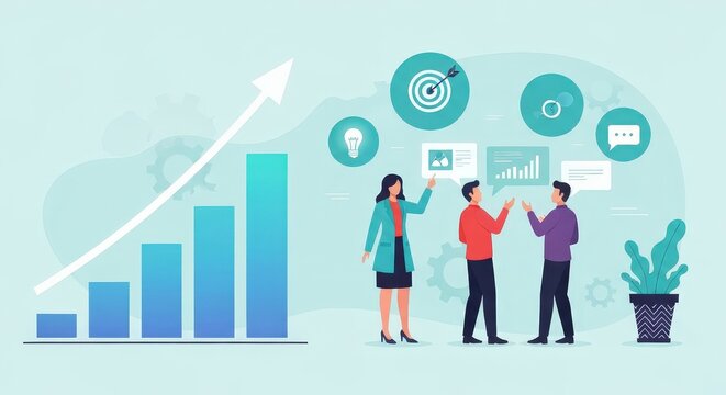 Business Team Discussing Strategies for Growth with Graph and Icons