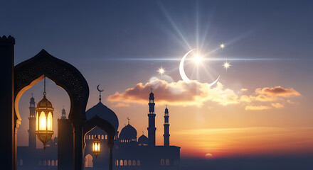 A serene Islamic mosque silhouette against a twilight sky with a crescent moon and shining stars.
