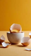 broken raw chicken egg on yellow background