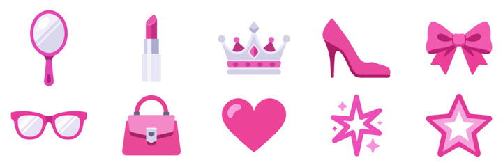 Barbiecore icon set with bow, handbag, heart, high heel, lipstick, mirror, reading glasses, silver crown, sparkle, star, colorful collection with vector flat illustrations