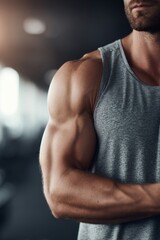close up of muscular man posing in modern gym