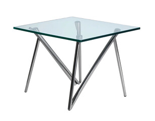 Modern glass-top table with sleek, sculpted metallic legs