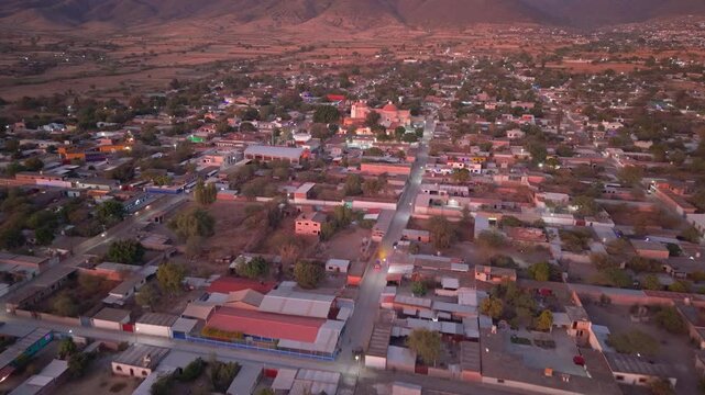 Drone view of a Zapotec community in central Oaxaca at dusk