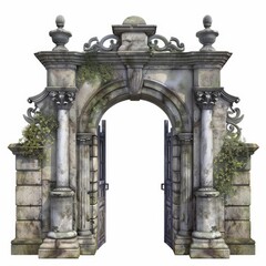 Naklejka premium Old stone archway with weathered columns and overgrown vines framing an empty doorway