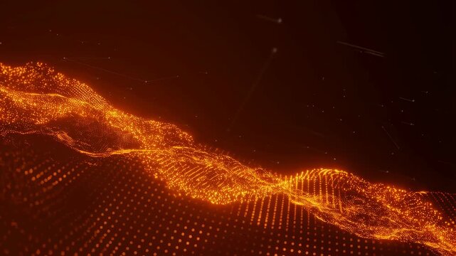 Abstract glowing orange wave animation with particles and dots. Represents digital technology, innovation, and dynamic energy flow
