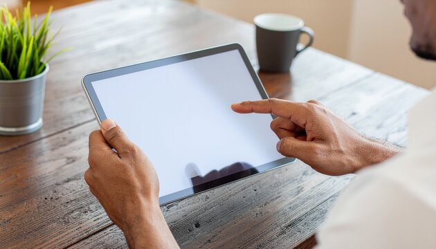 Man Teaching Online Skill via Tablet (Close-Up). Home Finance & Side Hustles (gig economy). close-up candid photograph of a man pointing clearly at a specific element on a large tablet screen .
