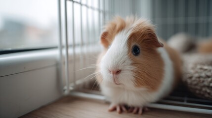 cute guinea pig is sitting in a cage in modern living room