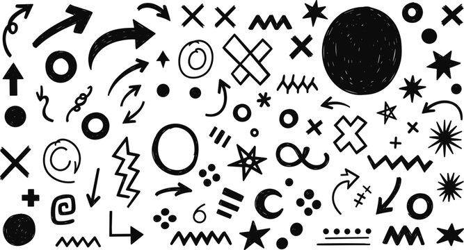 Chaotic abstract symbol pattern, hand-drawn black icons including arrows, stars, squiggles, math signs, circles for visual design