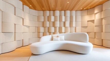 Soundproof cozy living room, walls covered in soft beige felt acoustic panels, very tactile and warm atmosphere, comfortable curved sofa, silent peaceful