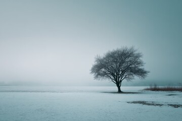 winter landscape with single tree in snow-covered field with copy space