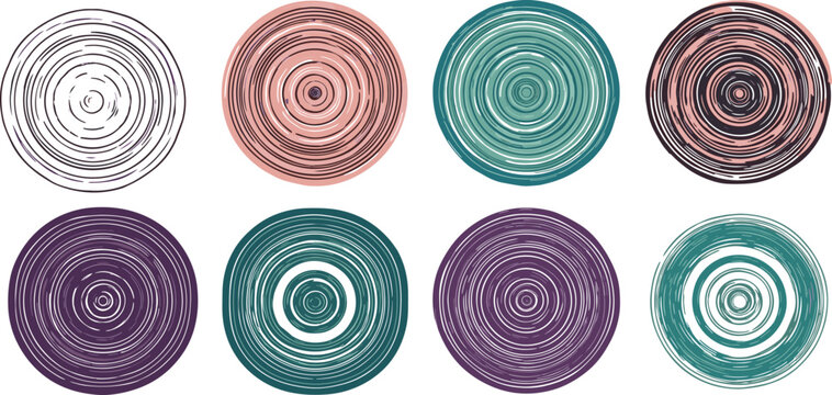 Colorful concentric ring patterns with abstract circular designs, topographic lines, tree ring style, visual texture, artistic geometry, modern decorative elements, radial symmetry