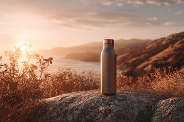 Reusable bottle resting on a boulder at sunset