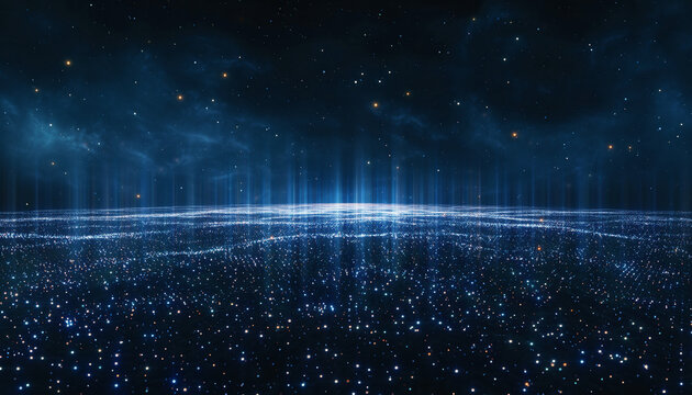 A futuristic digital landscape with glowing blue lights and a bright central glow, surrounded by a dark, starry night sky, viewed from a low angle, aset (258).png