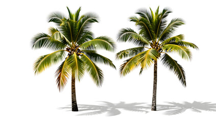 Obraz premium Tropical Duo: Two majestic palm trees stand tall, their vibrant green fronds gently swaying in the warm tropical breeze, evoking a sense of tranquility. 