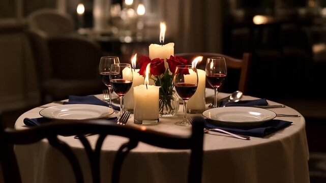 Romantic Candlelit Dinner: A beautifully arranged table set for a romantic dinner, adorned with lit candles, roses, and wine glasses, creating an ambiance of warmth and intimacy.