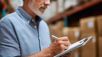 Faceless senior man and portrait in warehouse with clipboard for inventory quality control and freight distribution, manager wholesale supplier and stock checklist in logistics ind