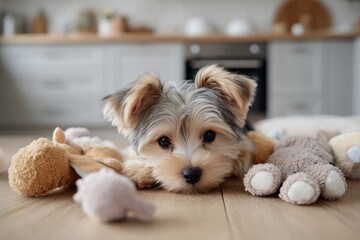 playful puppy playing with toys in a modern kitchen, scattered plush toys