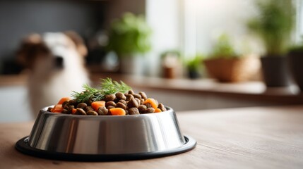 Close-up of a stainless steel dog bowl filled with fresh kibble and vegetables, placed on a clean kitchen floor, cute dog on the background