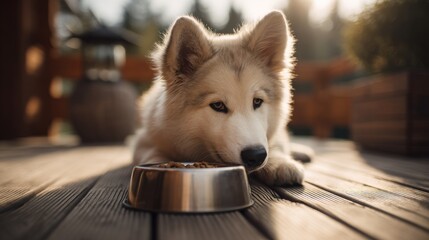 cute husky dog eating from a bowl on a wooden terrace in sunset light